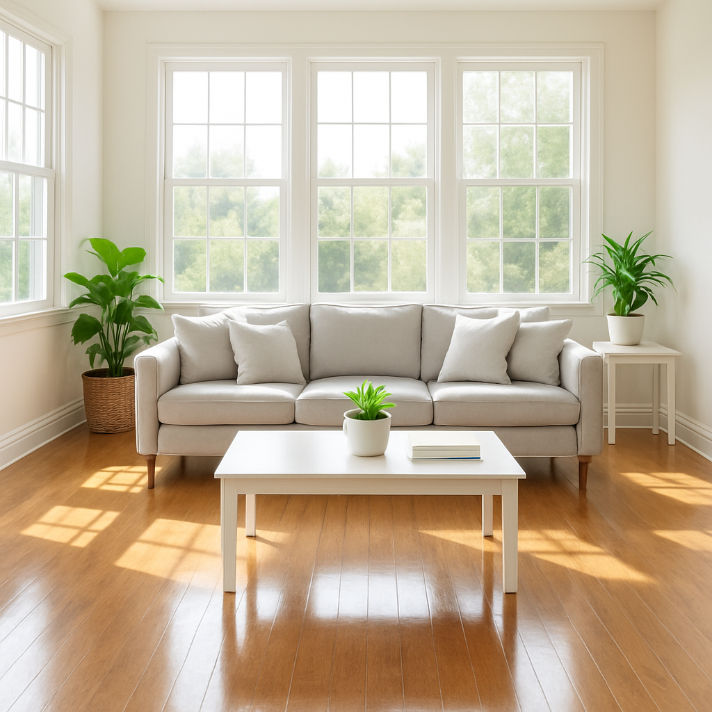 A bright, spotless modern living room with polished floors and natural light